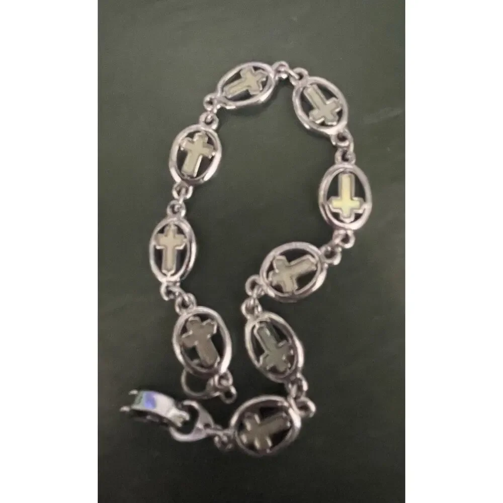 Vintage Cross Bracelet Silver Tone Jewelry Iridescent Center Simple Religious